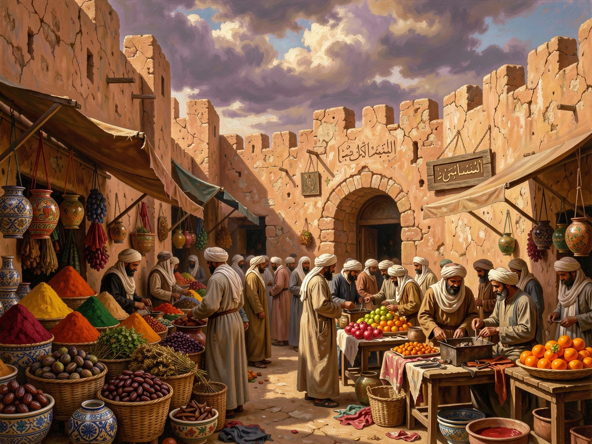 A bustling Marrakech marketplace framed by ancient sandstone walls, as a dramatic sky adds depth and atmosphere to the skyline, capturing the timeless beauty and character of a legendary destination