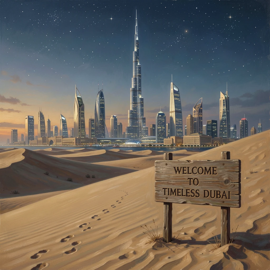 A futuristic Dubai skyline glittering above the desert at night, as soft golden hour light bathes every surface and structure, capturing the timeless beauty and character of a legendary destination