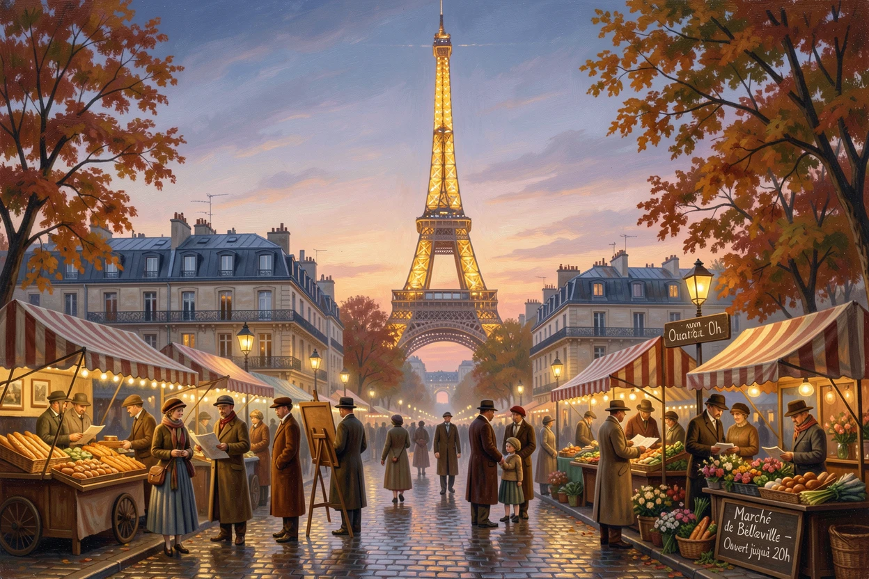 The Paris skyline at dusk with the Eiffel Tower glittering above the rooftops, with locals and travelers adding life and scale to the scene, offering a striking, postcard-worthy view of an iconic destination