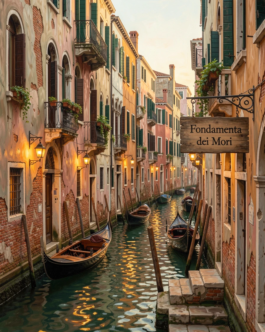 A quiet Venetian canal lined with colorful centuries-old buildings, with warm lantern or window light glowing throughout the scene, celebrating the architectural wonder and cultural richness of the location