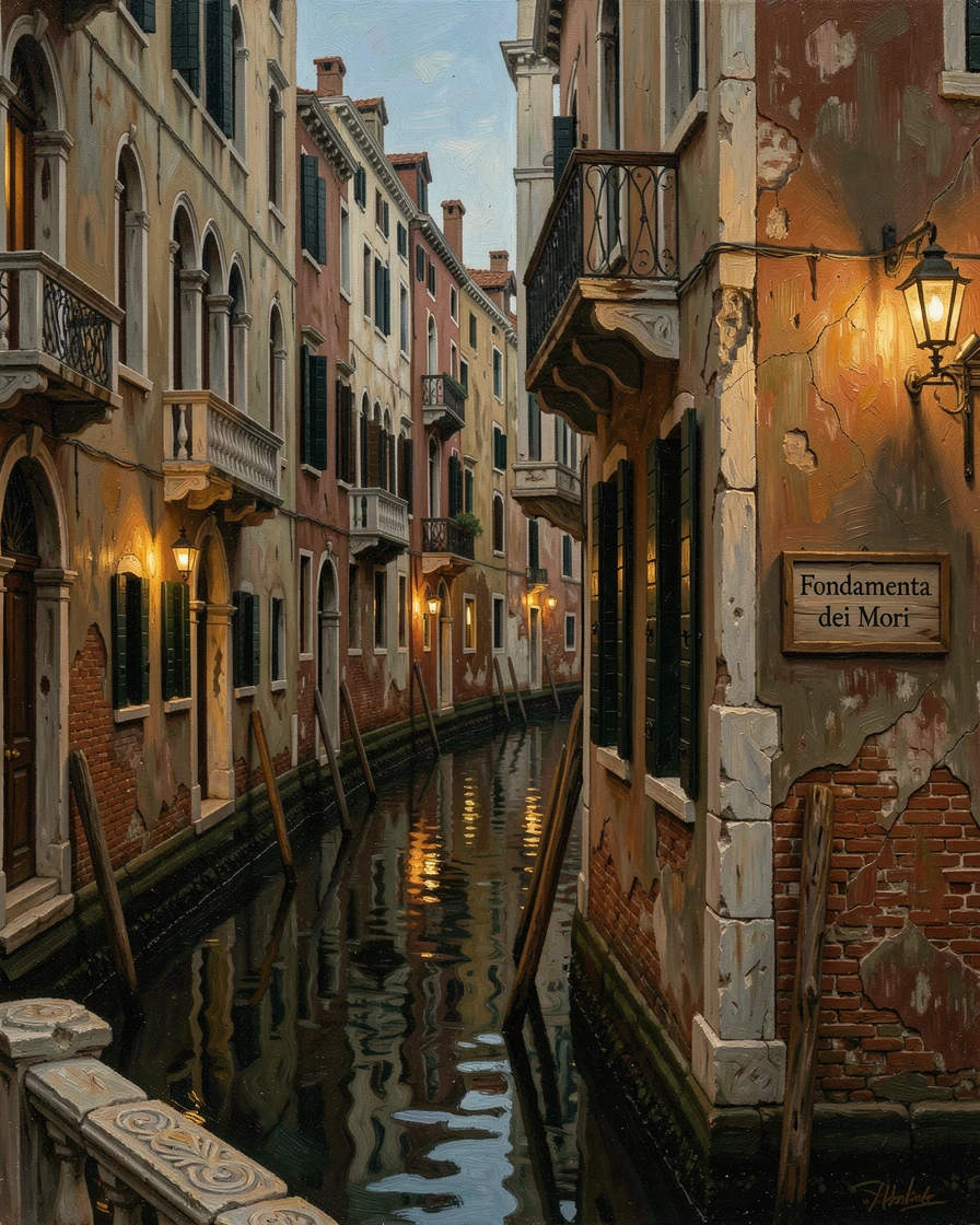 A quiet Venetian canal lined with colorful centuries-old buildings, with warm lantern or window light glowing throughout the scene, celebrating the architectural wonder and cultural richness of the location
