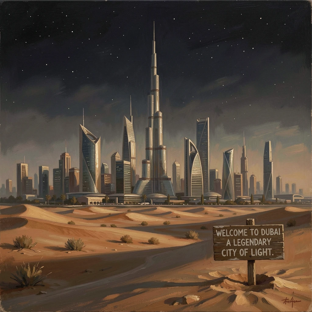 A futuristic Dubai skyline glittering above the desert at night, as soft golden hour light bathes every surface and structure, capturing the timeless beauty and character of a legendary destination