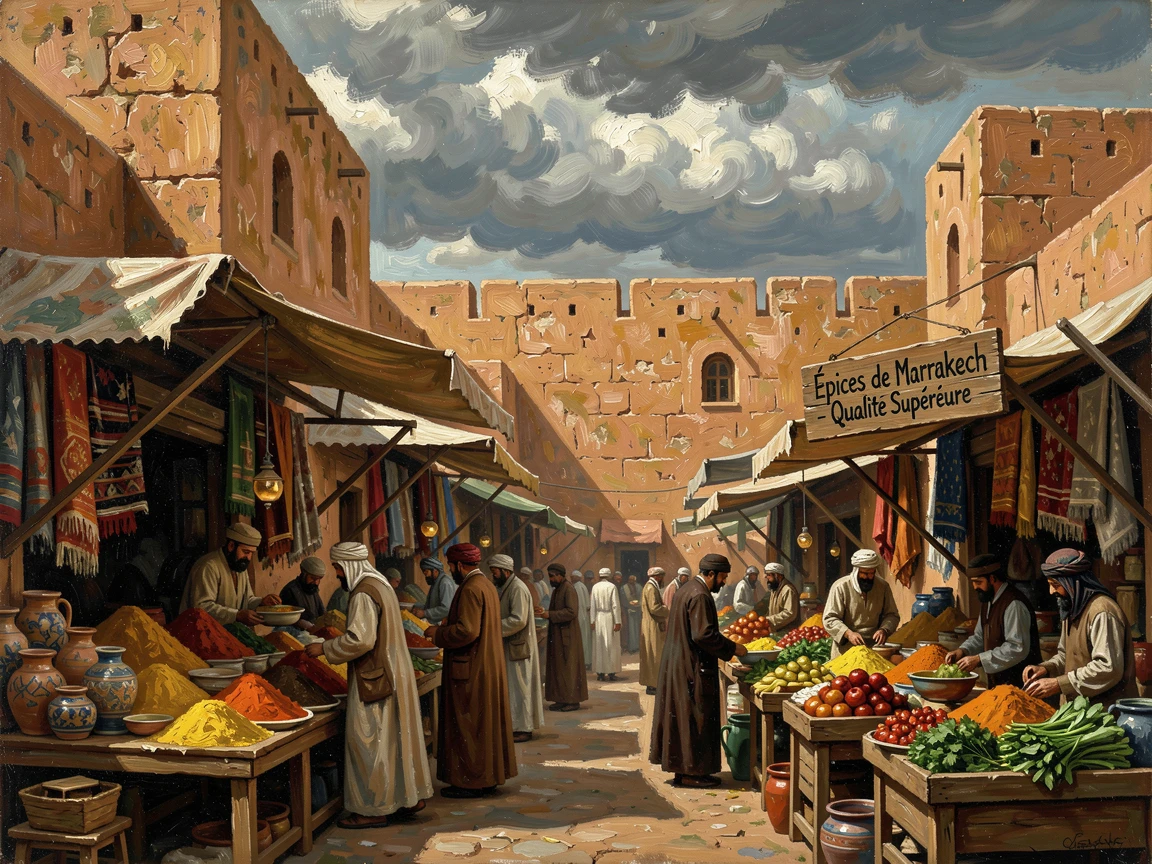 A bustling Marrakech marketplace framed by ancient sandstone walls, as a dramatic sky adds depth and atmosphere to the skyline, capturing the timeless beauty and character of a legendary destination