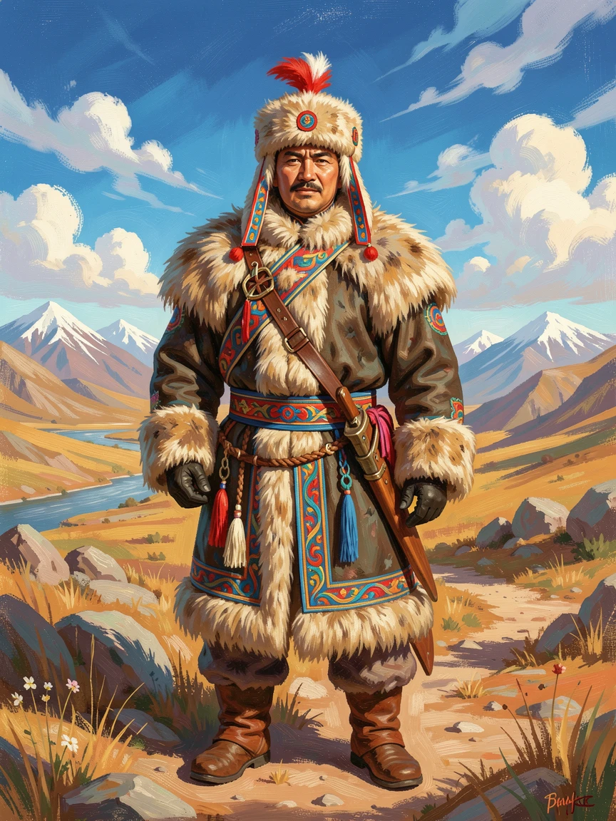 A striking portrait of a Mongolian eagle hunter, standing proudly against a backdrop of their homeland