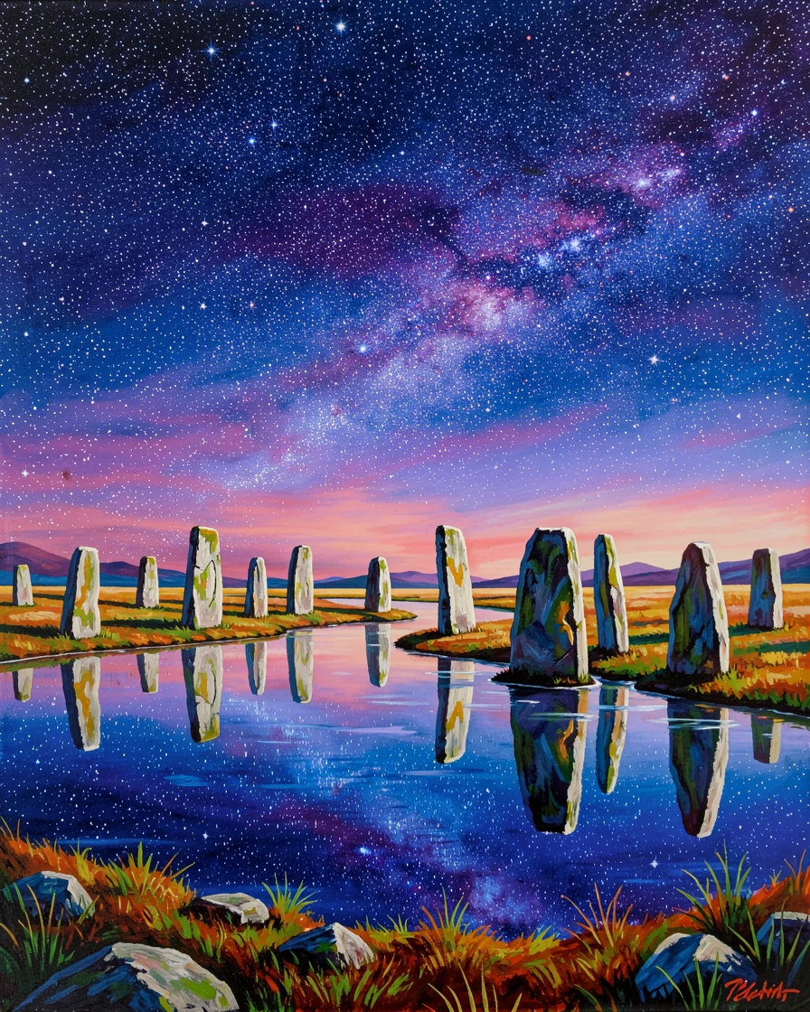 a field of ancient standing stones standing under a sky filled with countless stars reflected in still water
