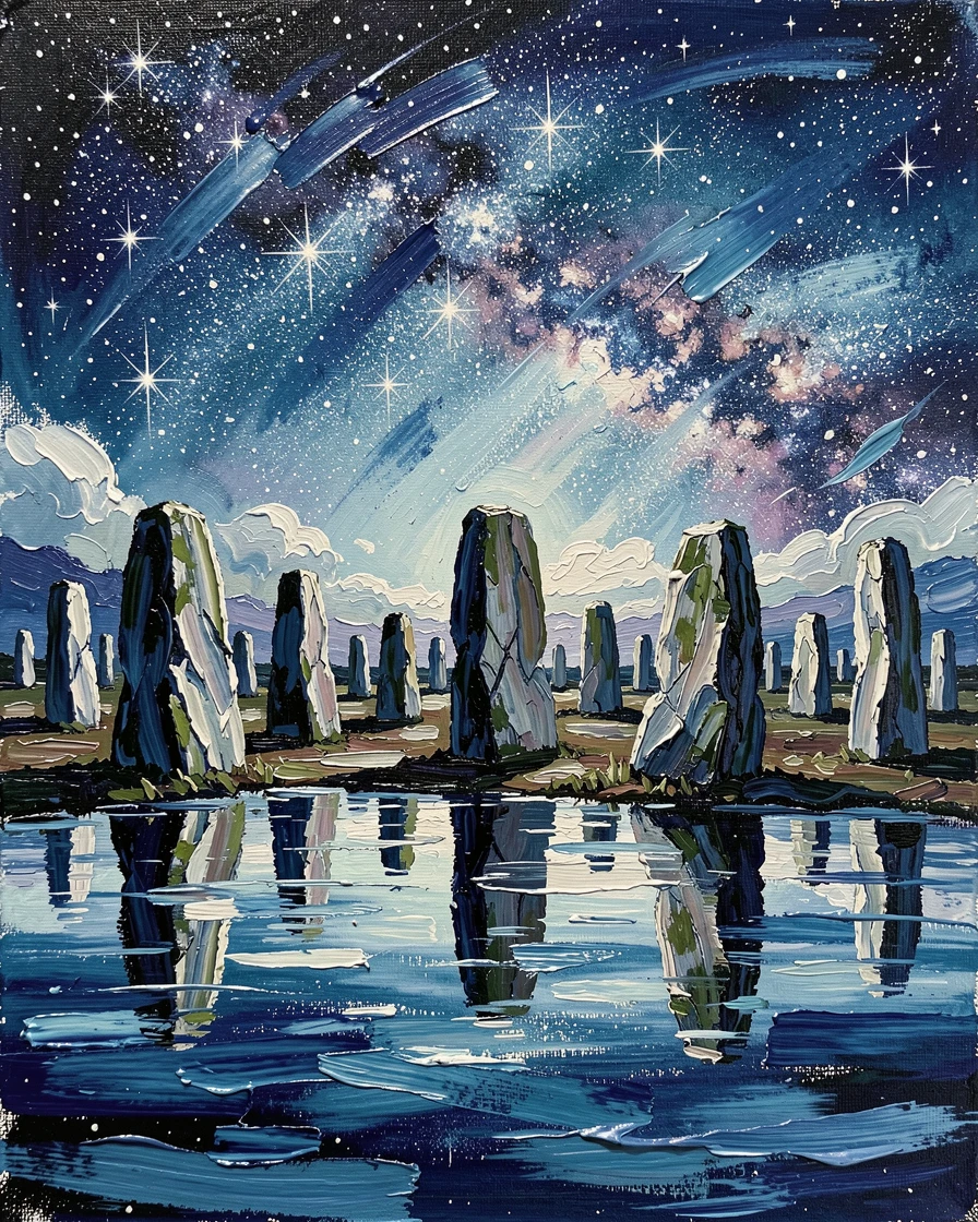 a field of ancient standing stones standing under a sky filled with countless stars reflected in still water