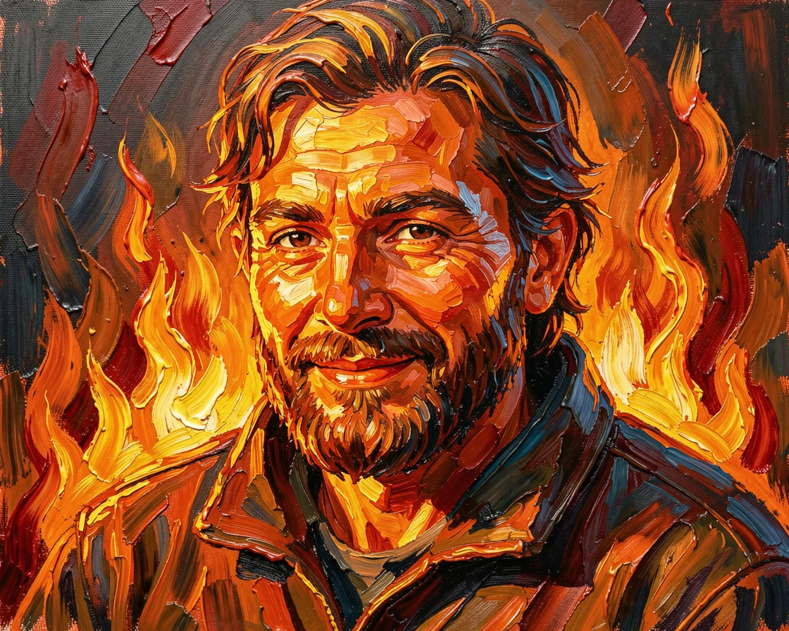 A striking portrait of a Norwegian shepherd, framed by warm firelight, a faint smile playing at the corners of their mouth