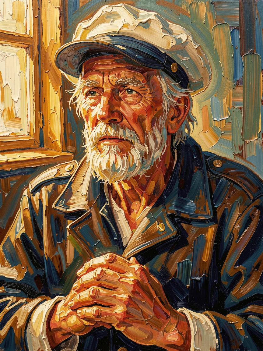 A striking portrait of a weathered old sailor, illuminated by soft golden window light, lost in quiet contemplation
