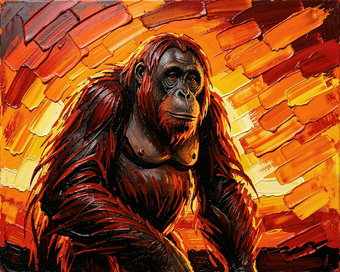 A dramatic close-up of an orangutan standing silhouetted against a blazing sunset
