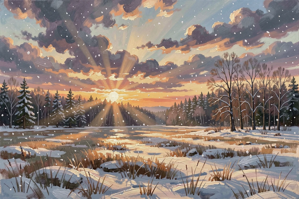 Just before sunset, light breaking dramatically through the clouds, a gentle snowfall blanketing a quiet forest, above a wide, open field stretching to the horizon, light and shadow racing quickly across the landscape.