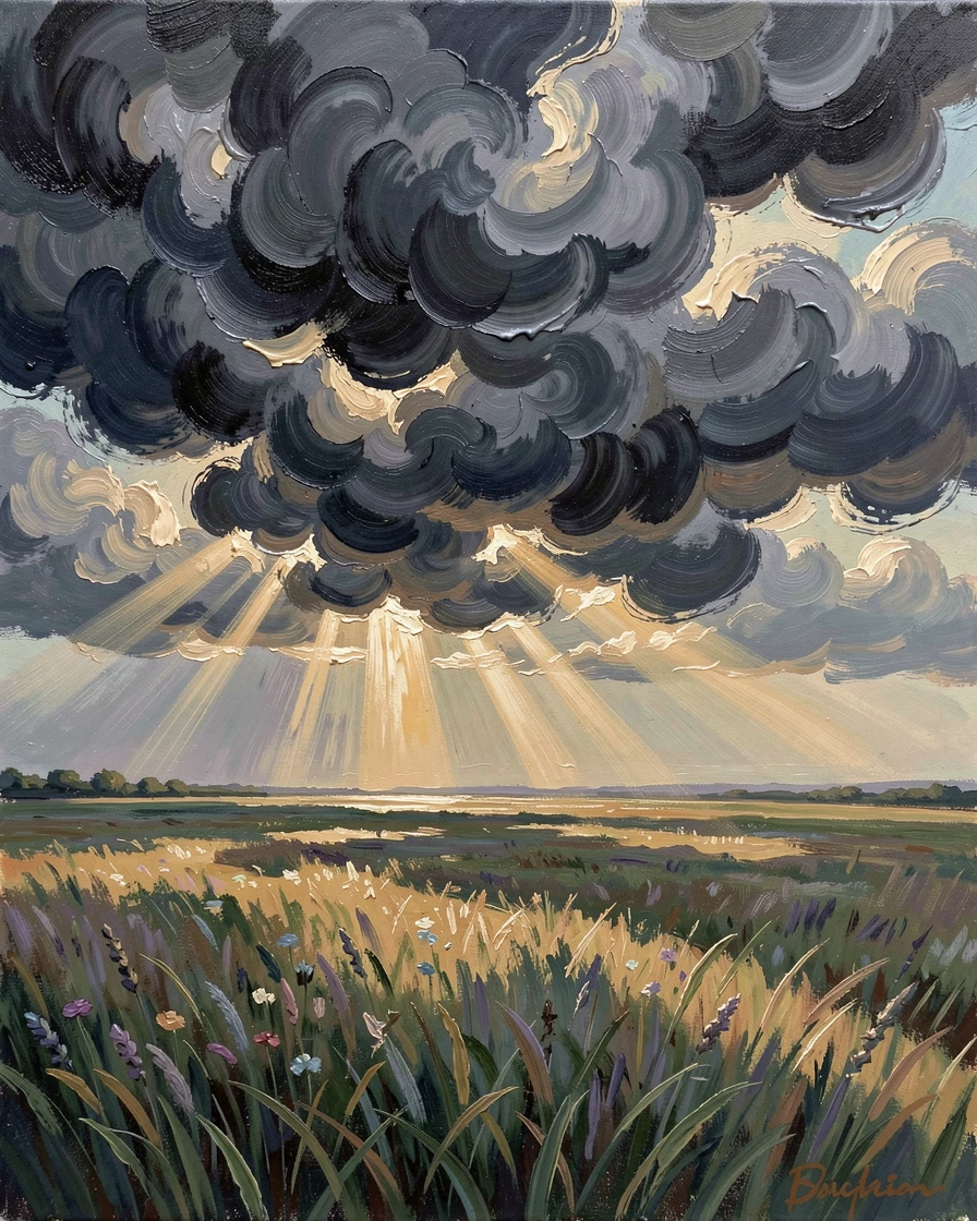 Above a wide, open field stretching to the horizon, a dramatic thunderstorm rolling across open plains, the last rays of sun breaking briefly through the clouds, beneath a sky shifting rapidly between light and shadow.