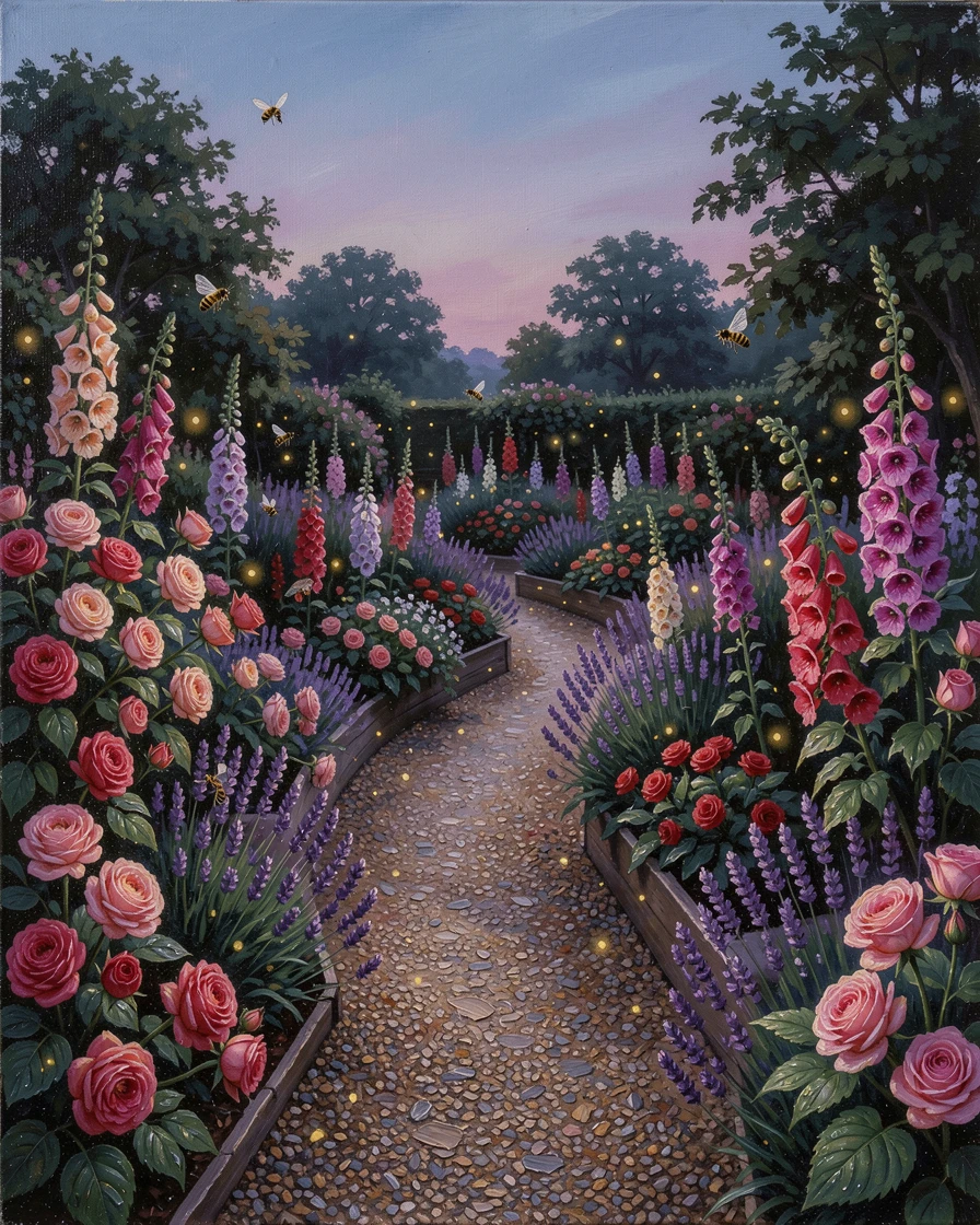 A sprawling English cottage garden in full bloom, bees drifting lazily from bloom to bloom, with a gravel path winding between raised flower beds, at dusk, fireflies beginning to flicker among the blossoms.