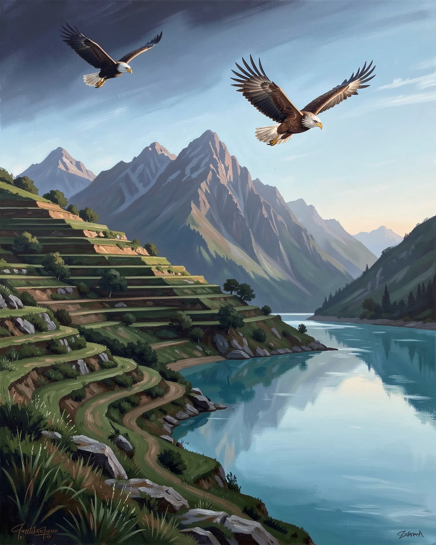 Terraced foothills rising toward distant peaks, beside a turquoise glacial lake, a pair of eagles circling high above the ridgeline, in the soft blue light just before dawn.