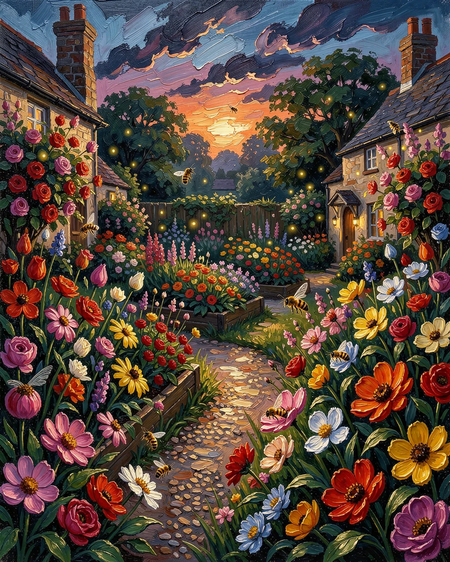 A sprawling English cottage garden in full bloom, bees drifting lazily from bloom to bloom, with a gravel path winding between raised flower beds, at dusk, fireflies beginning to flicker among the blossoms.