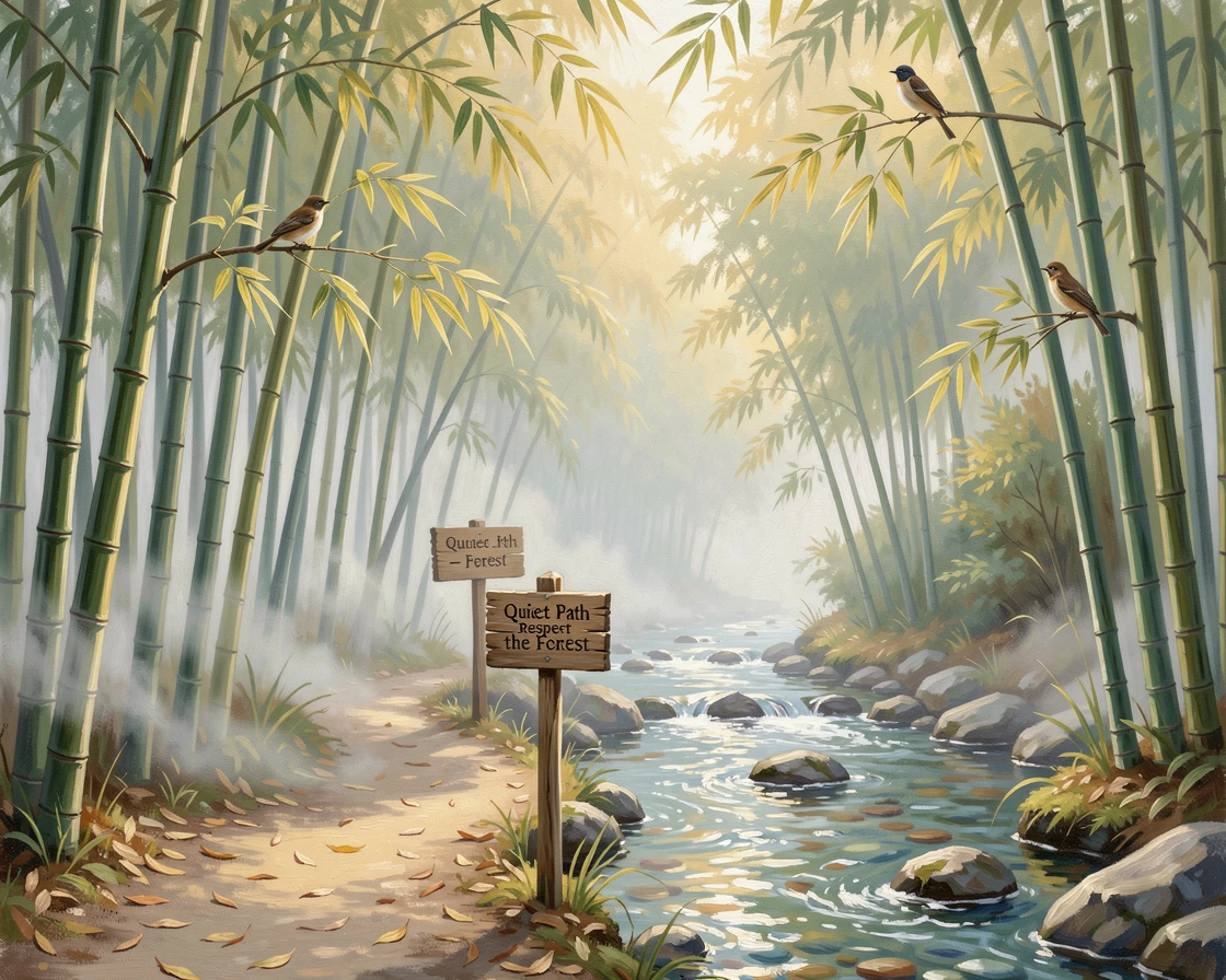 A quiet path winding through a bamboo forest, beside a clear, bubbling brook, birdsong echoing through the still air, in early morning, mist curling low between the trunks.