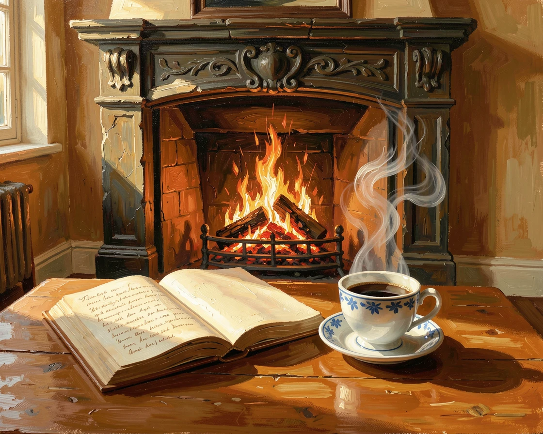Beside a crackling fireplace on a winter evening, a cup of coffee beside an open book, steam rising gently into the air, in the warm light of early morning.