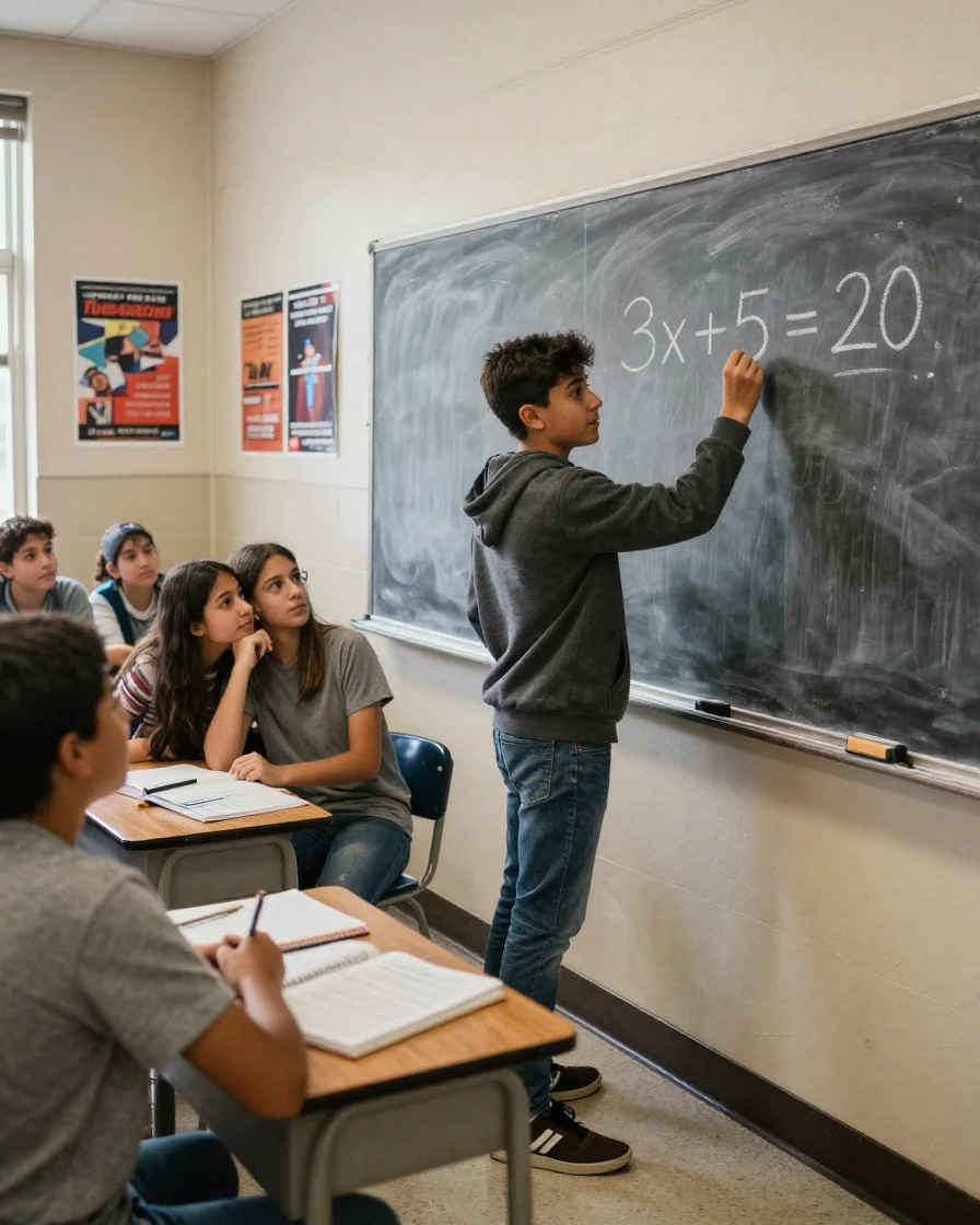 A young student solves an equation at a chalkboard while classmates watch intently.