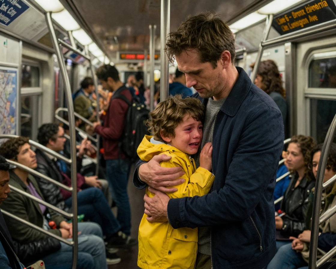 A man comforting his crying child on a crowded subway train