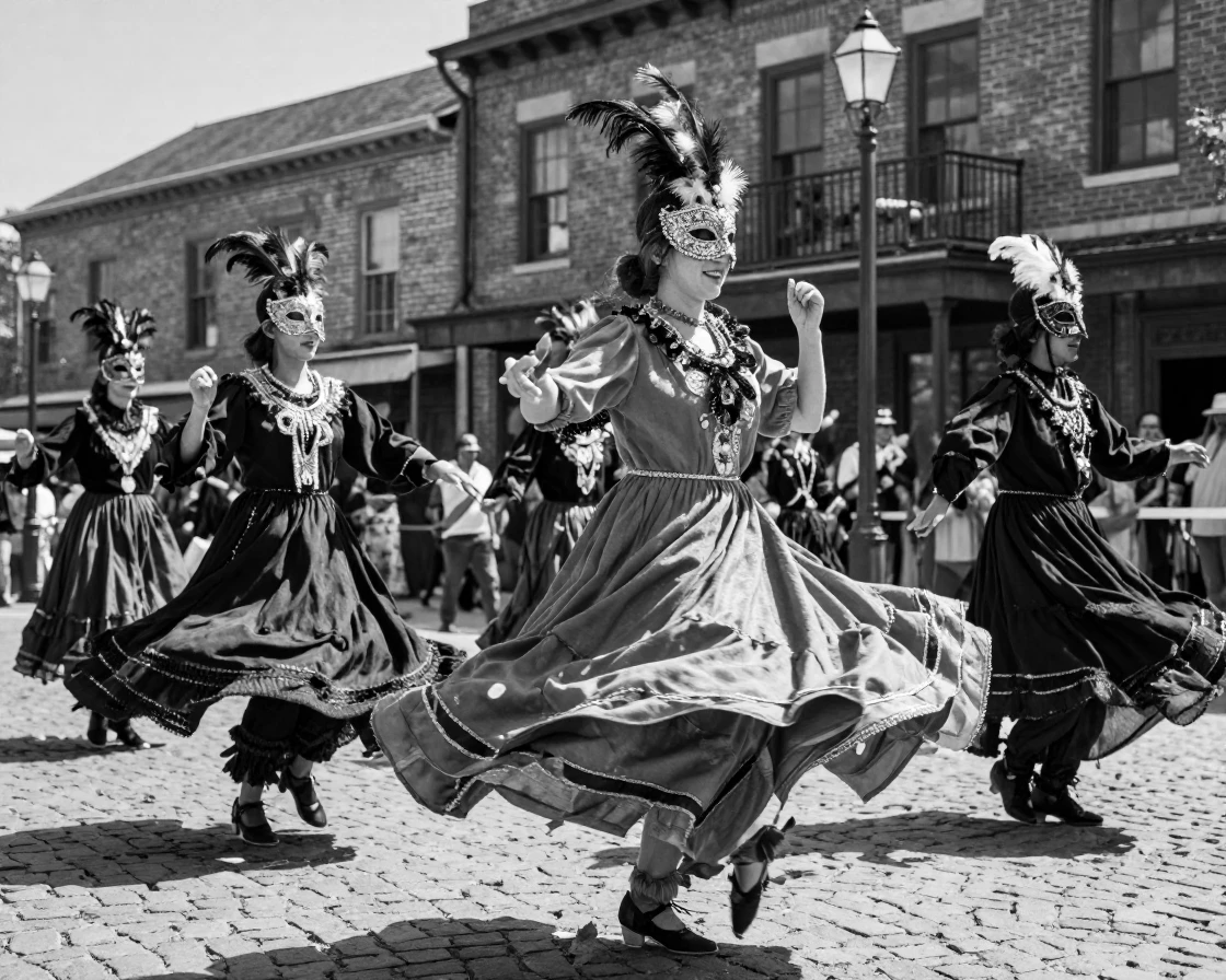 Dancers in elaborate masks twirl gracefully through the square during a traditional masquerade.