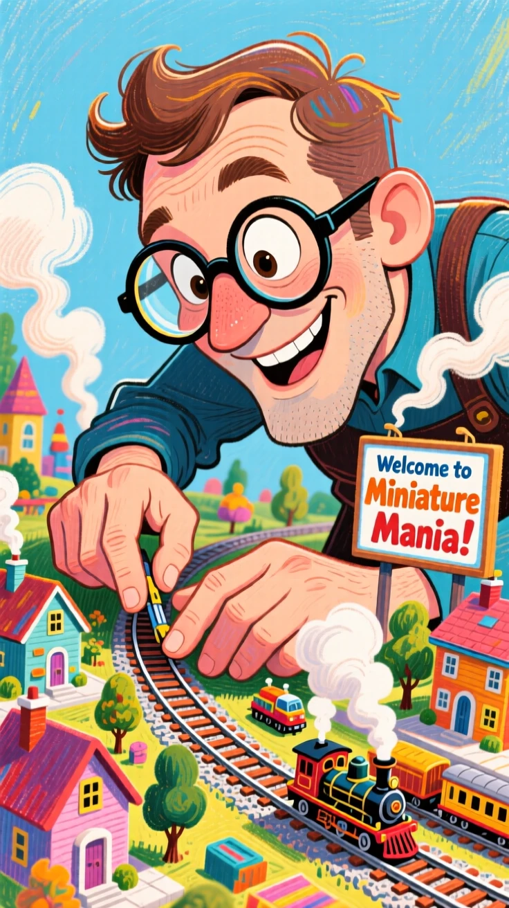 A model train enthusiast adjusting tiny tracks in an elaborate miniature town.