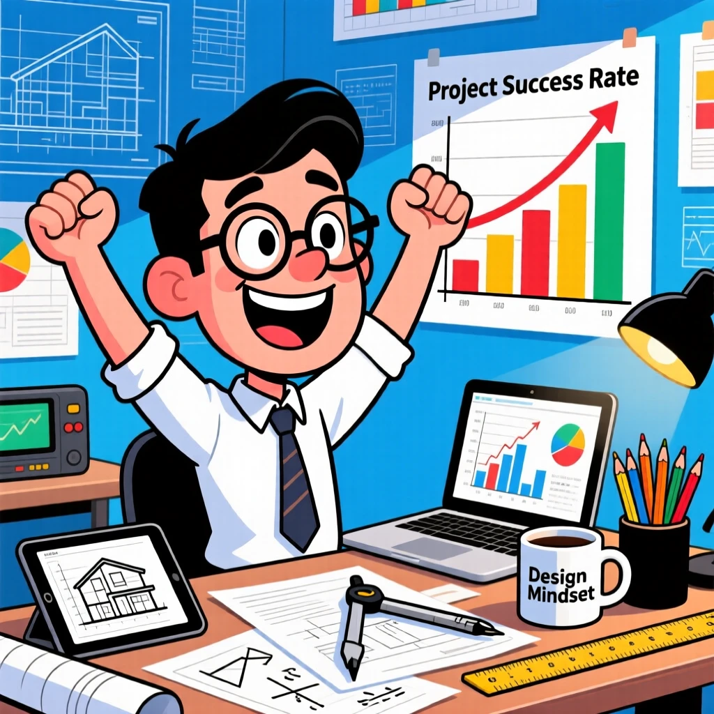 A vibrant profession-themed portrait of a meticulous architect celebrating after finishing a difficult job, surrounded by charts, gadgets, and paperwork.
