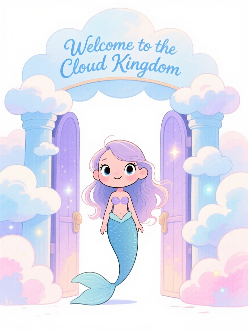 A mermaid standing guard at the gates of a cloud kingdom