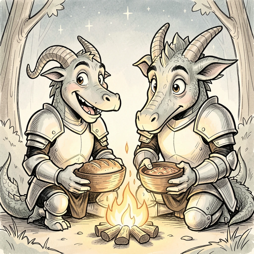 [Fantasy & Imaginative Scenarios] Imaginative fantasy scene of a knight sharing a meal with a friendly dragon by a campfire, brimming with wonder
