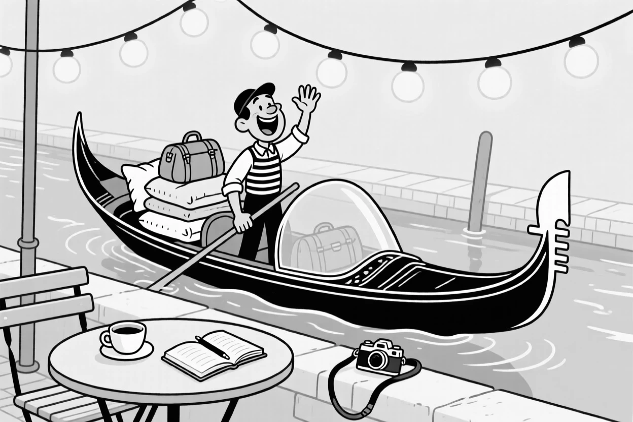 A gondolier singing enthusiastically down a canal, waving through a windshield stacked with pillows and bags, set at a charming café table under string lights. A camera strap dangles dangerously close to the ledge. It's a joyful tribute to the thrill of travel and discovery.