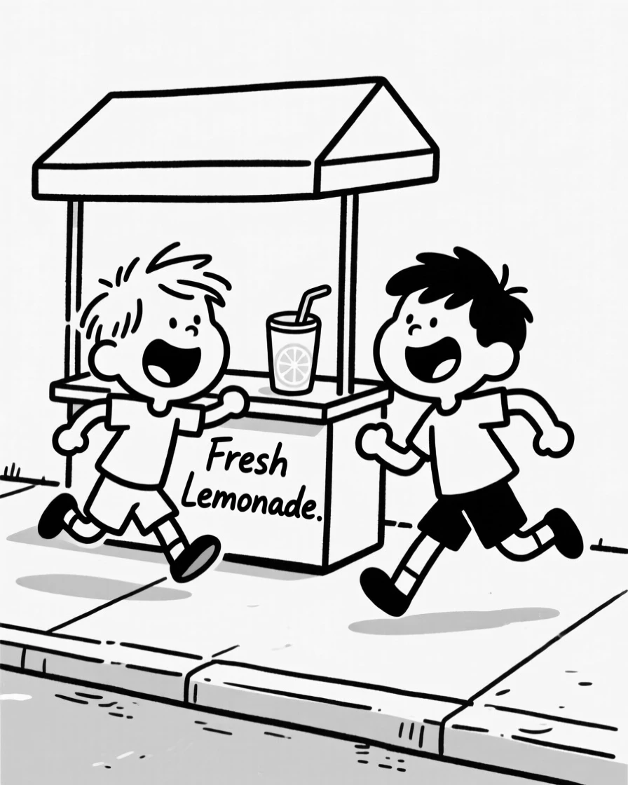 A summer lemonade stand run by two excited kids on a sunny sidewalk.