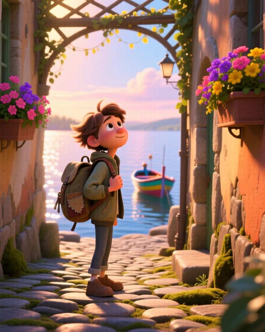 A lone traveler with a worn backpack stands in a narrow cobblestone alley lined with flower boxes, letting the wind catch their jacket. The mood is adventurous, peaceful, and awe-inspiring, with small boats bobbing in the distance.