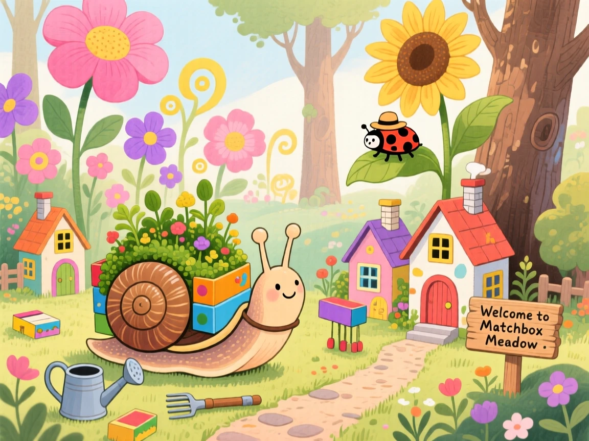 A snail carrying its own garden delights in building a village out of matchboxes, tucked within a garden where flowers grow taller than trees, with everything slightly too big or too small in a charming way.