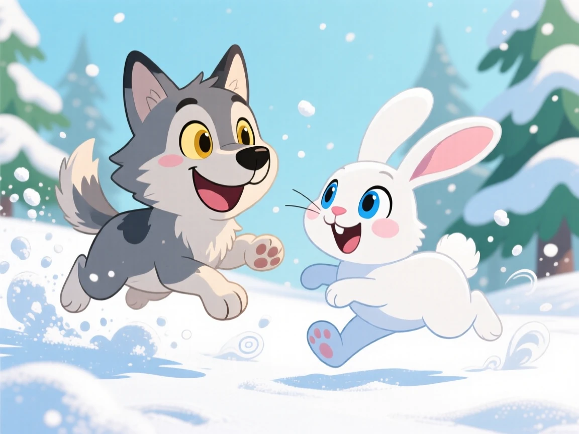 A wolf pup and a snow hare playing in fresh powder snow.