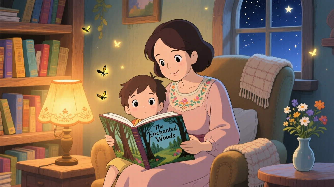A mother reading a bedtime story by soft lamplight, the scene tender and warm.