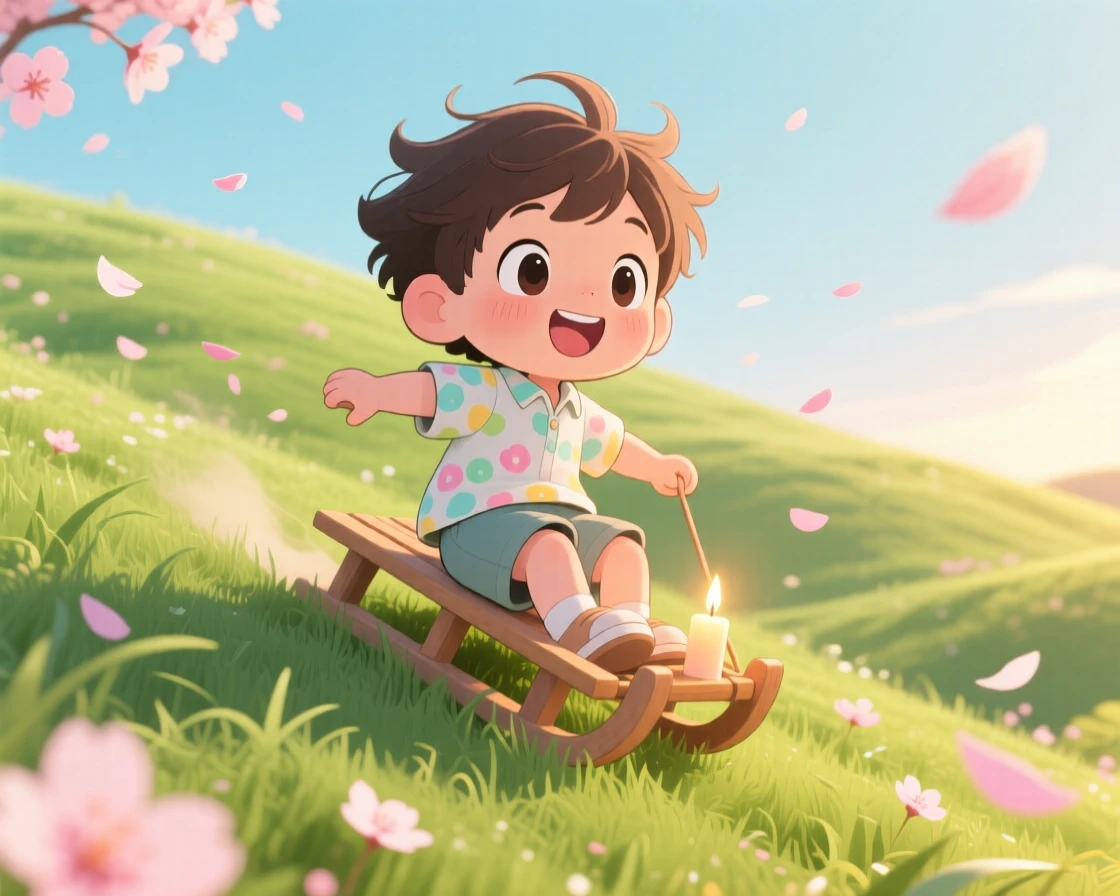 Three-quarter view: a small boy, flying down a grassy hill on a sled in summer, set against a rolling green hillside as cherry blossom petals drift on the breeze, with gentle candlelight and a mood of wide-eyed wonder.