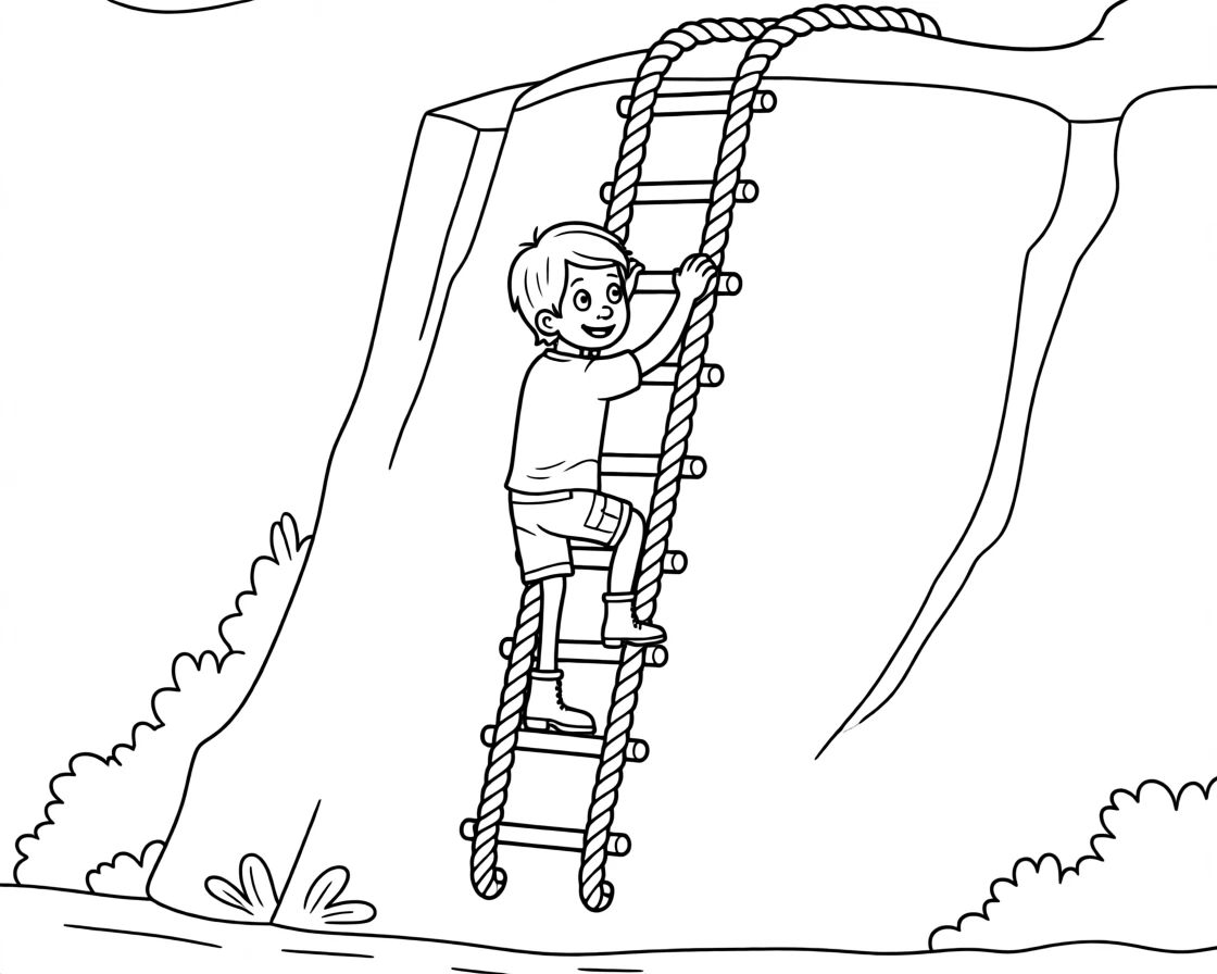 An adventurer climbing a rope ladder up a tall cliff