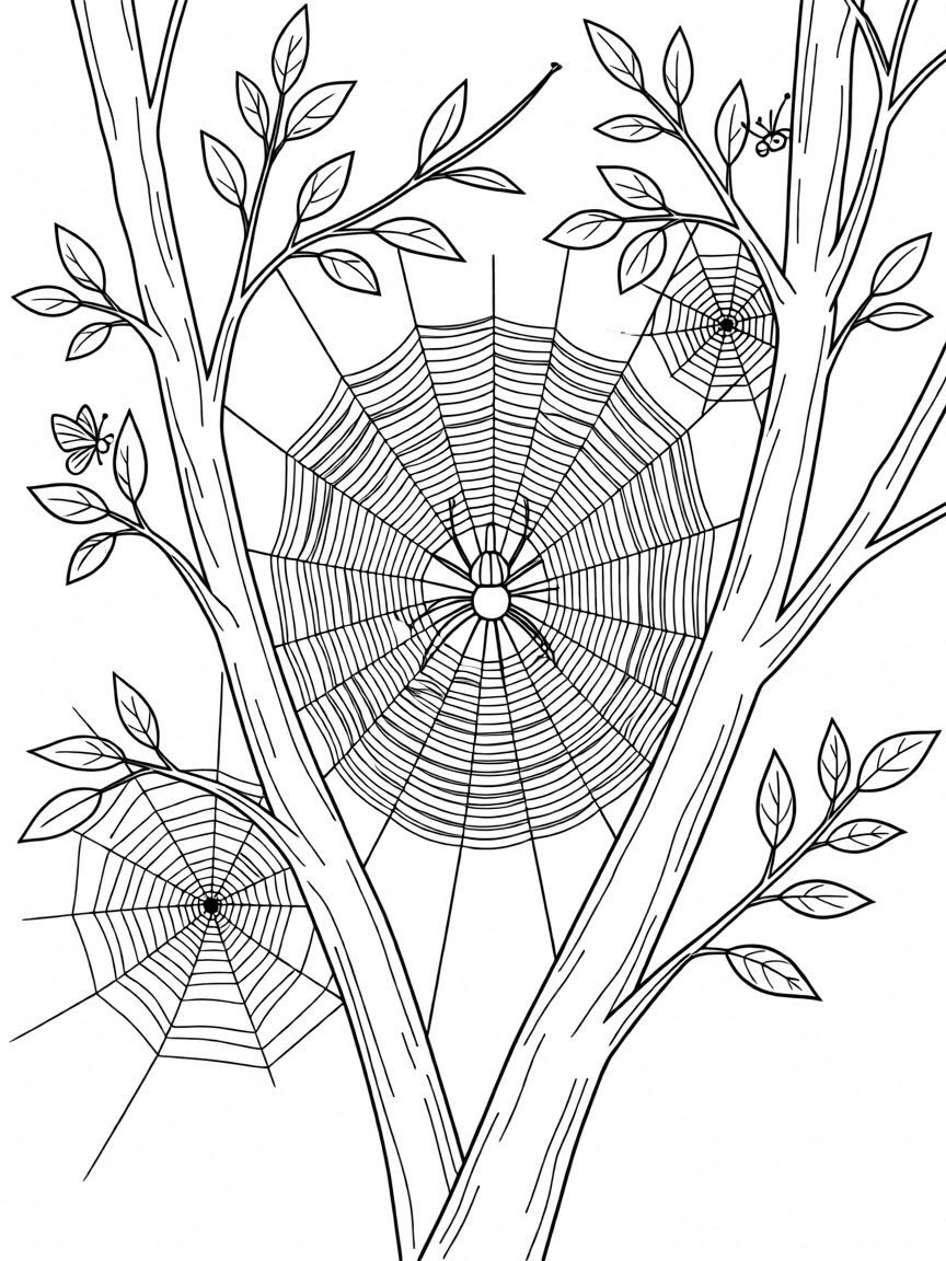 A spider weaving an intricate web between two branches, with delicate spider webs strung between branches.