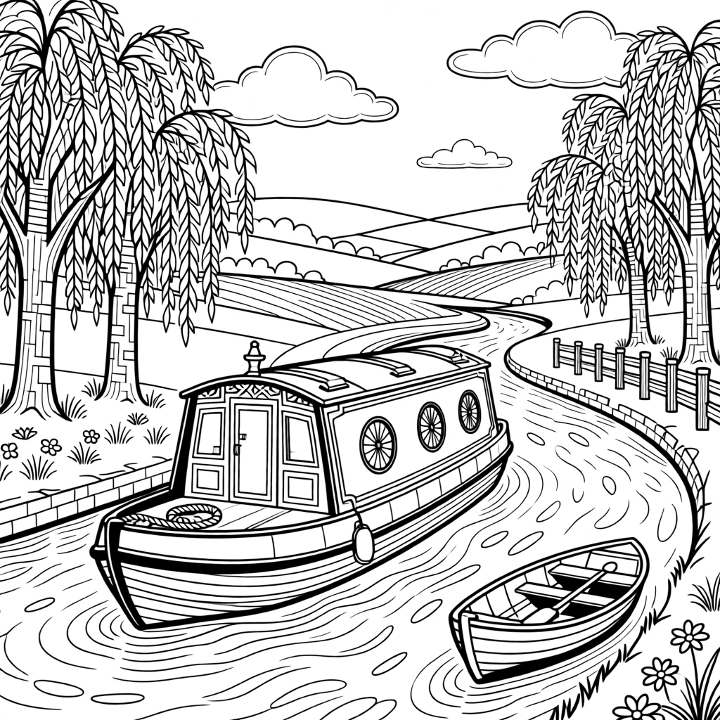 A traditional canal boat drifting past willow trees in the countryside.