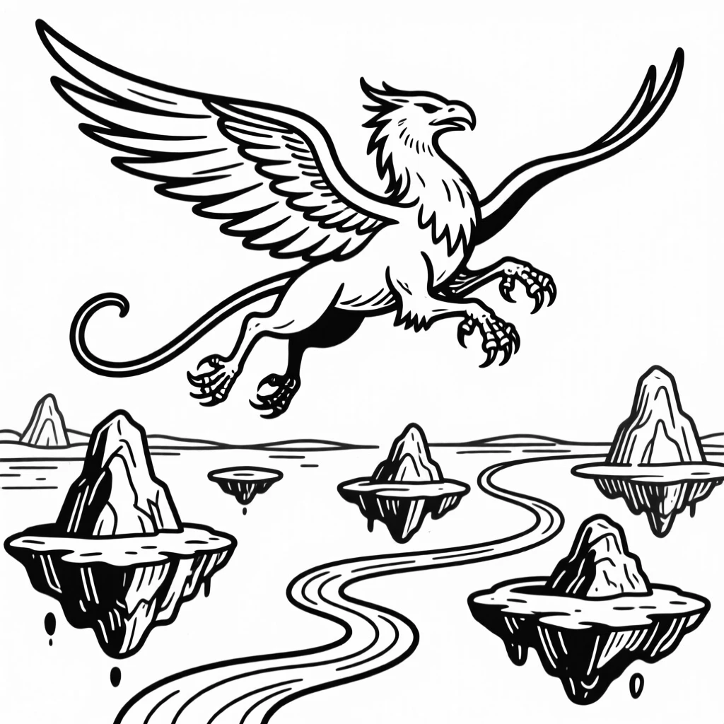 A griffin soaring over a fantastical landscape of floating rock islands.