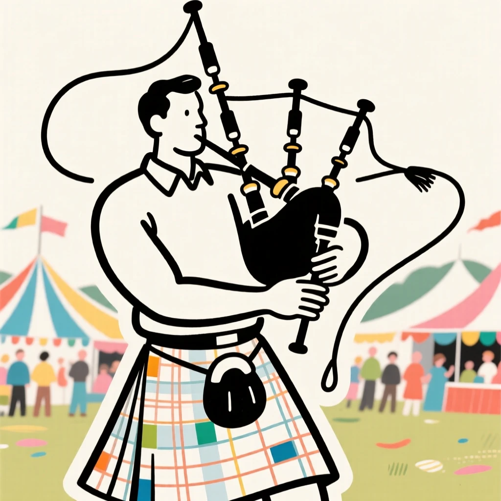 A man in a traditional Scottish kilt playing bagpipes at a festival.
