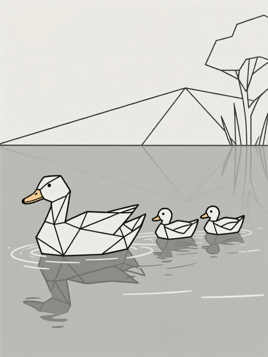 A duck swimming with ducklings in a row