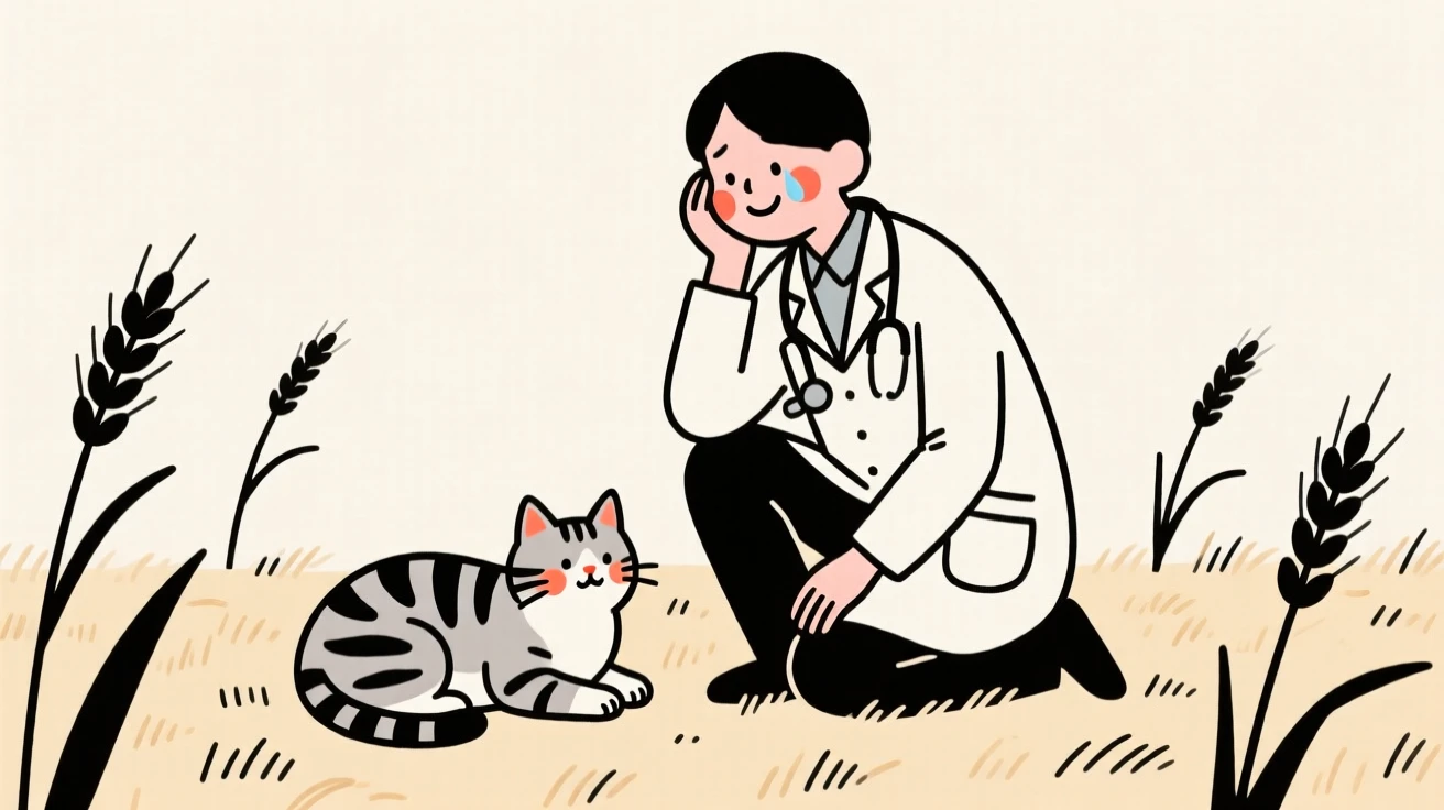 A veterinarian with a tabby cat curled nearby, holding back happy tears, in a wheat field at harvest.