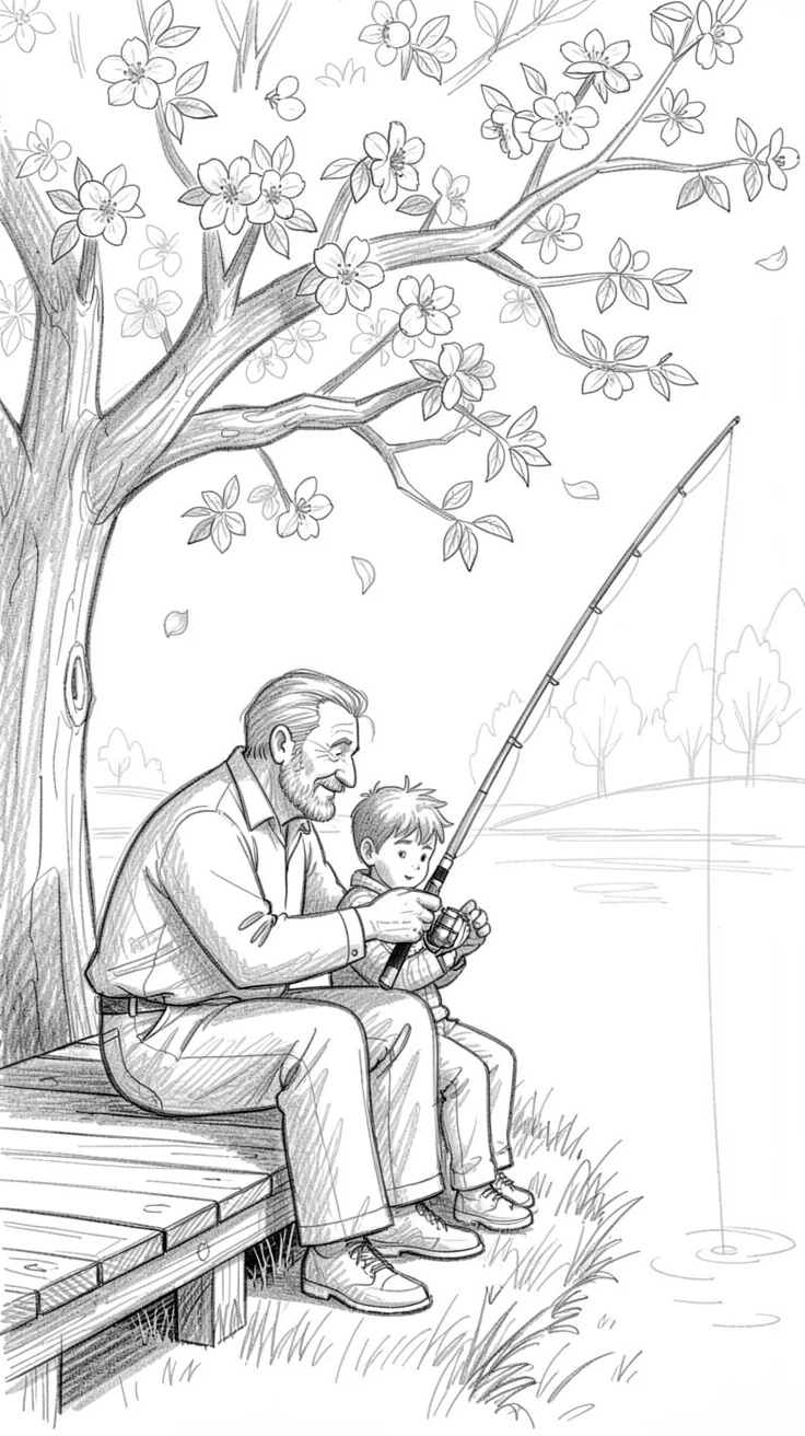 A heartwarming family moment: a grandfather teaching his grandson to fish beneath a blooming apple tree, wrapped in comfortable togetherness.