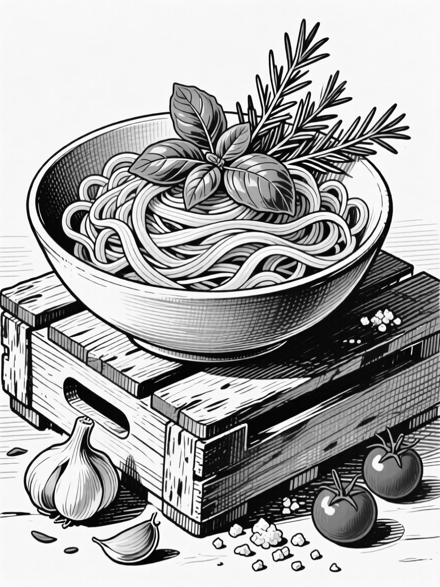 A bowl of fresh pasta with herbs arranged on a rustic wooden crate, with a few loose ingredients scattered around, presented in a fresh and vibrant culinary still life.