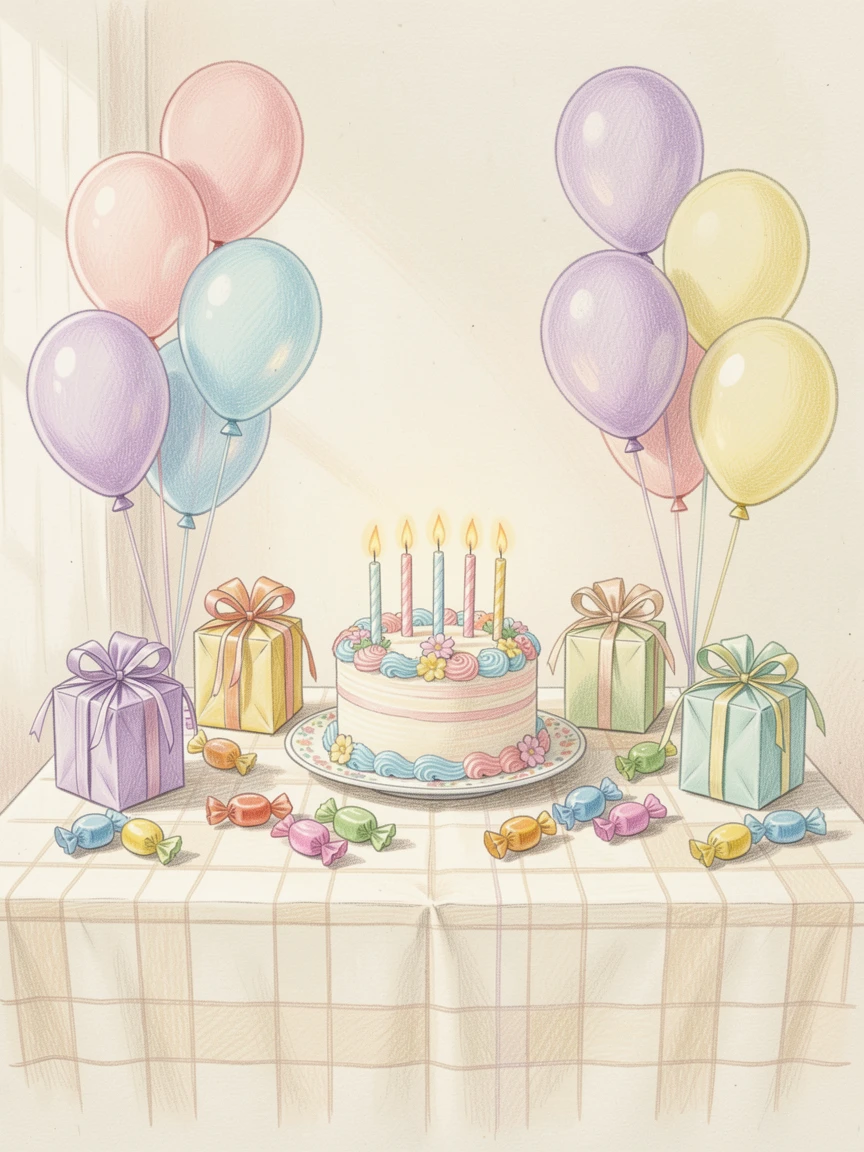 A birthday party table with balloons, cake, and party favors, with soft, natural light bringing warmth to every detail, celebrating a moment people would love to revisit.