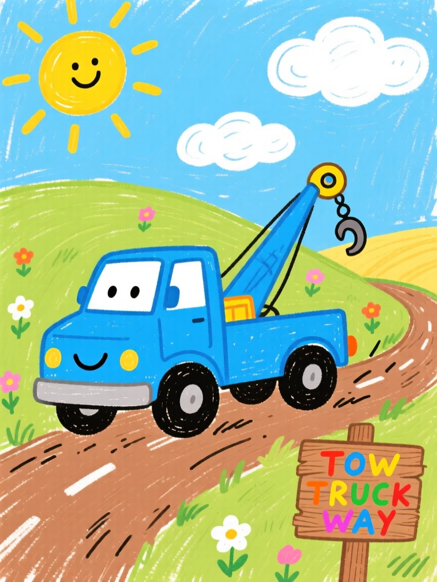 A bright blue tow truck driving through a sunny countryside.
