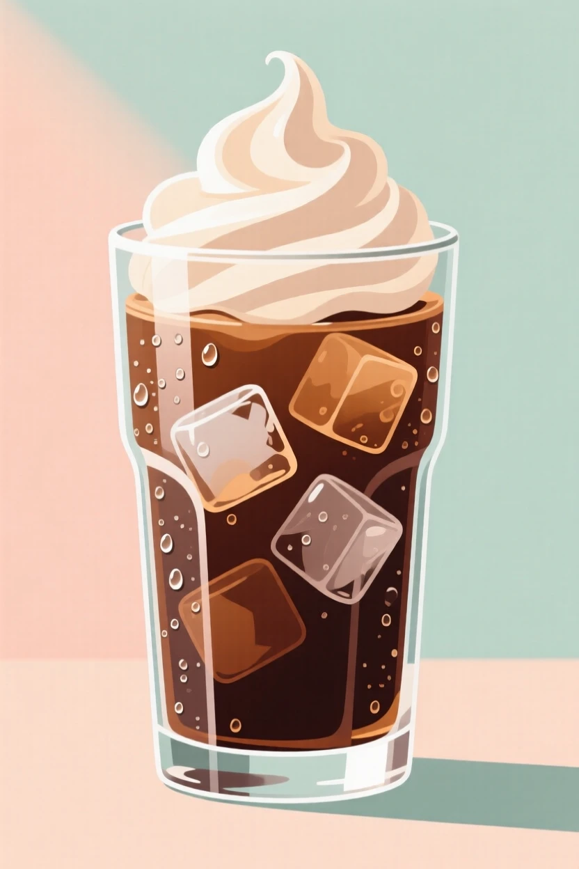 A glass of iced coffee topped with a swirl of cream, set against a soft pastel backdrop, composed with soft natural light enhancing texture, with glossy highlights that make the dish look freshly made.