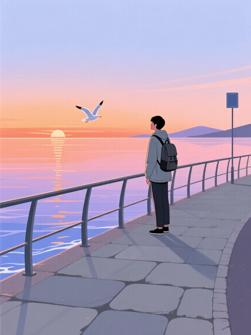 A traveler watching the sunset near a seaside promenade.