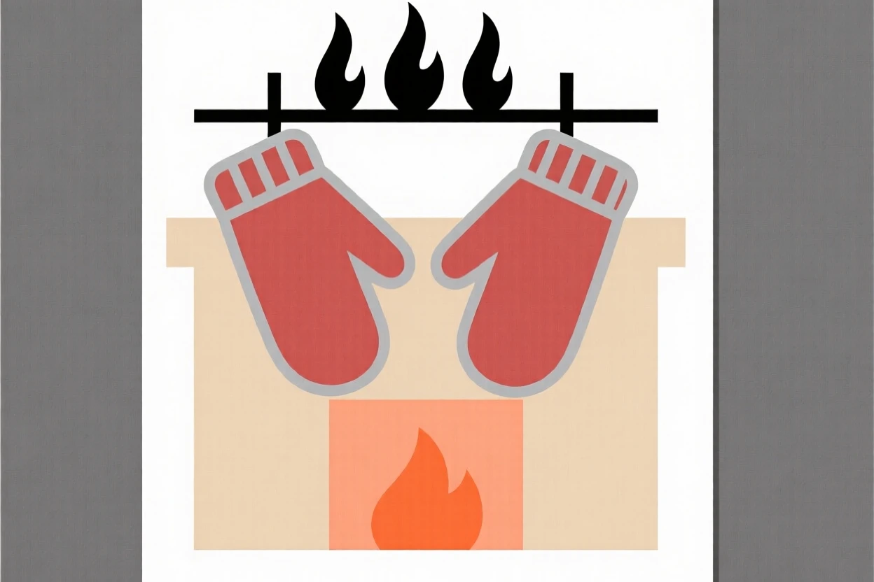 A pair of mittens drying by a fireplace