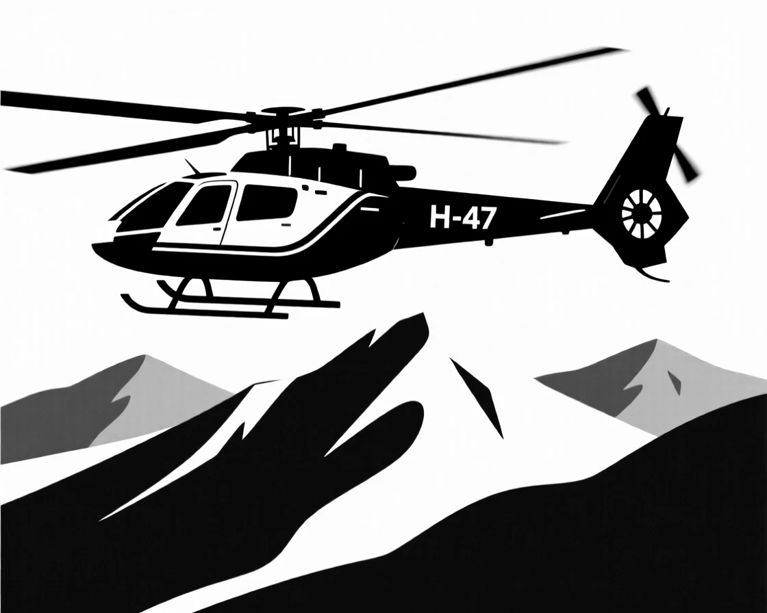 A helicopter flying low over a mountain range.