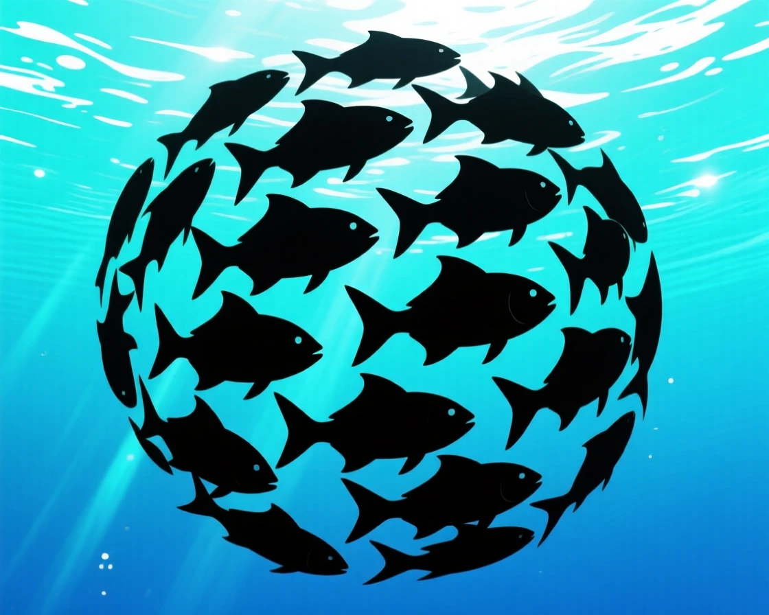 A school of silver fish swirling together in a tight, shifting sphere.